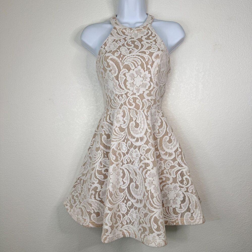 Windsor White Lace Halter Neck Skater Mini Dress Nude Lining Like New
